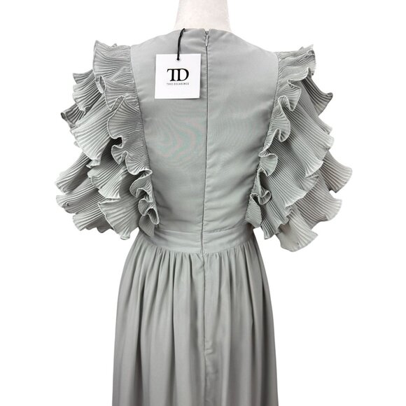 NEW TRUE DECADENSE Womens Sz 10 Gray Cap Ruffle Sleeve V-Neck Evening Maxi Gown - Picture 3 of 16